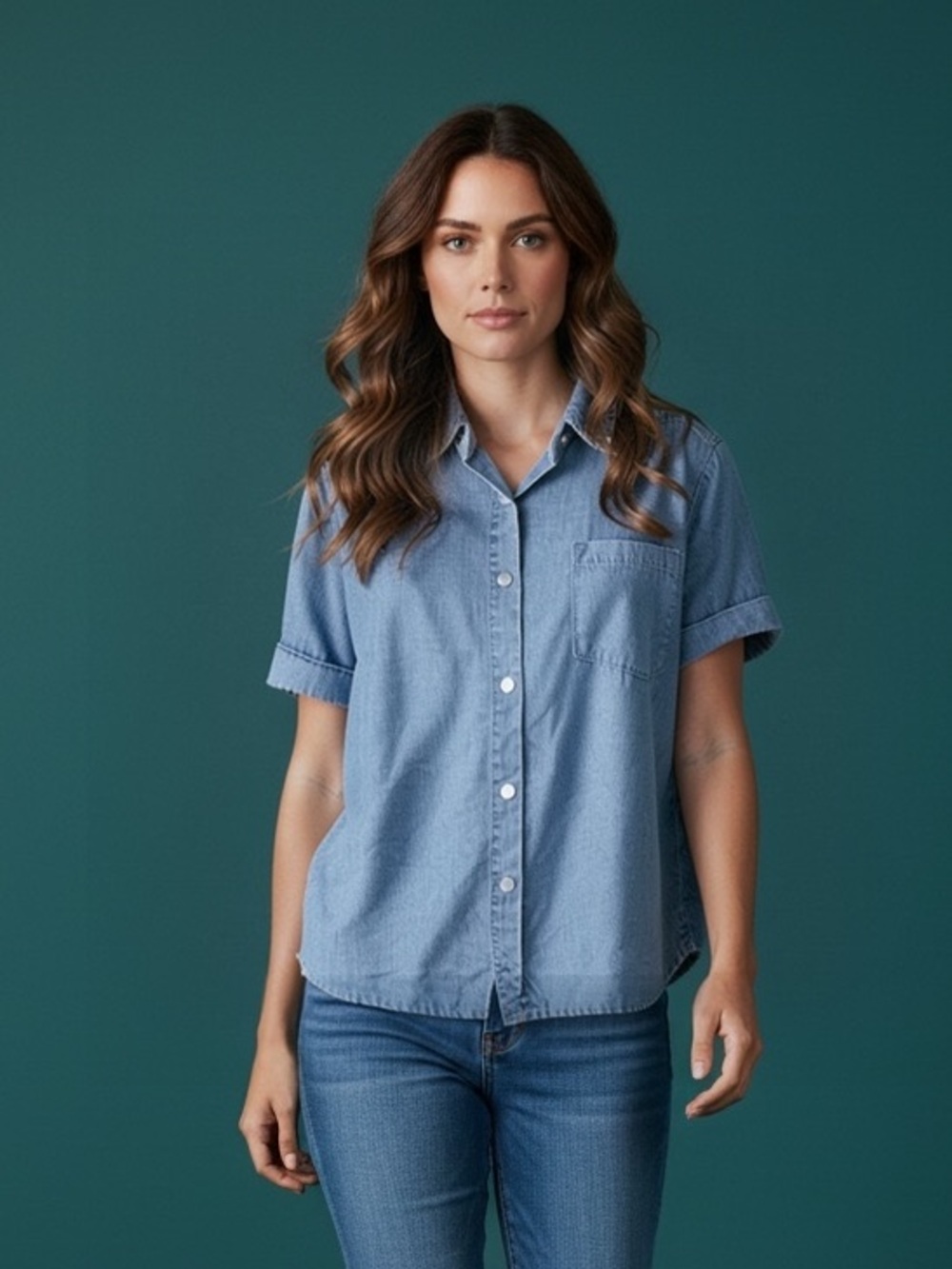 NWT Jane & Delancey Light Blue Short-Sleeve Button-Up Denim Shirt Size-XS Y2K